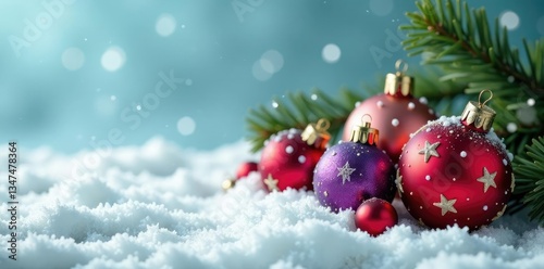Colorful ornaments scattered on a snowy background, Snowy Background, Holiday Cheer, Winter Wonderland