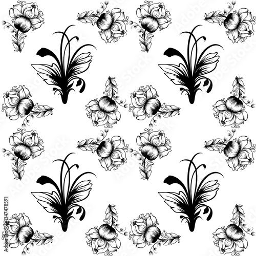 Beautiful pattern tile with floral motifs illustrated in fine outlines suitable for wallpapers, prints. textiles, backgrounds