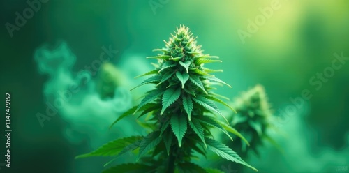 Ethereal greenish-blue mist surrounding levitating buds, nature, cannabis flowers, greenish-blue