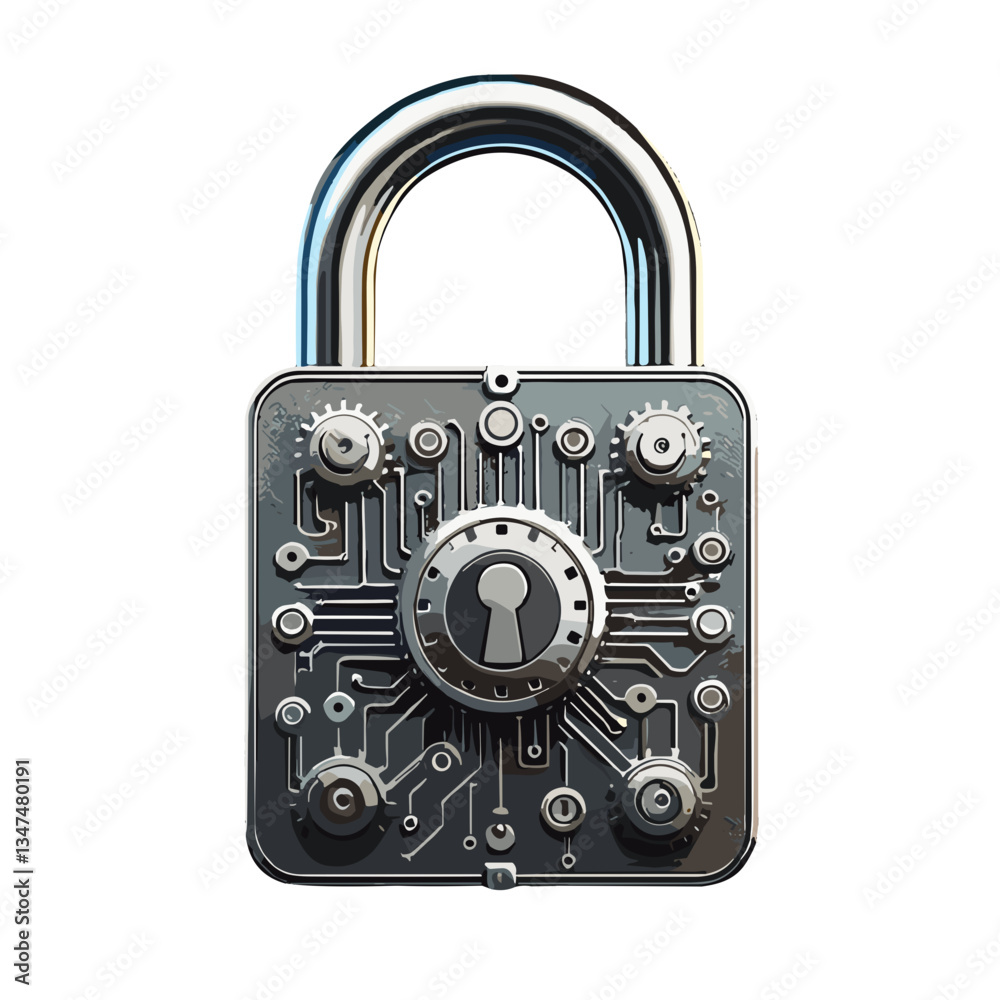 Futuristic padlock design, sleek and intricate, featuring a circuit pattern and advanced security elements Futuristic padlock design, sleek and intricate, featuring a circuit pattern and advanced security elements