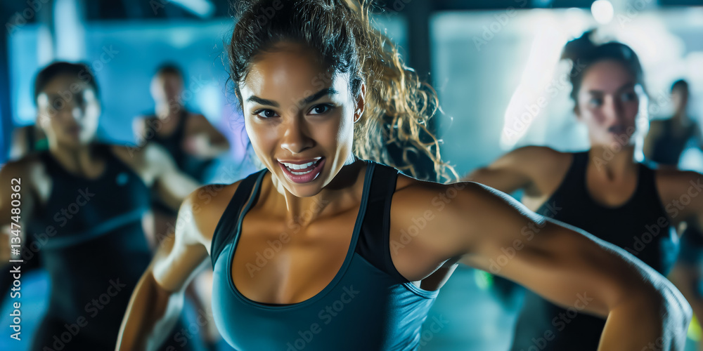 Fototapeta premium Energetic woman smiling during workout session in gym environment