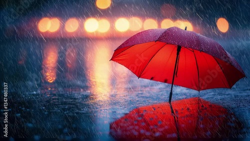 Wallpaper Mural Red anime style umbrella in rainy sunset reflection with vibrant fiery sky and falling raindrops, 2d lofi hip-hop bites landscape music background Seamless looping glowing motion design 4k video Torontodigital.ca