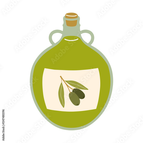 Vector illustration of olive oil bottle. Cartoon olive oil isolated on white background.