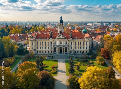Aerial View of Baroque Chateau Valtice, Czech Republic During Autumn Season