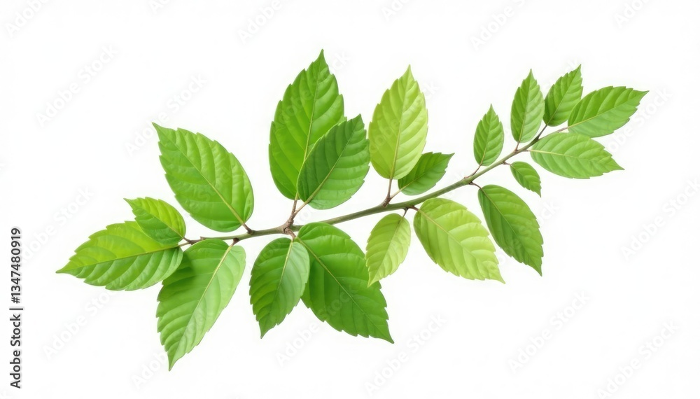 Single branch isolated on white background with subtle leaf veins, botanical, white background Single branch isolated on white background with subtle leaf veins, botanical, white background