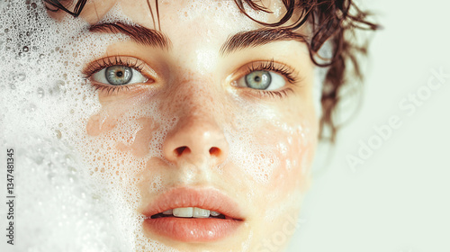 Beautiful young woman face in water splashes and cleansing foam. Natural looking. Banner for beauty skin body care bio eco cosmetics concept