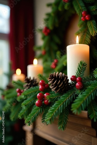 Evergreen branches with pinecones adorn a candlelit Christmas wreath on a wooden mantel, pinecone, holiday, evergreen