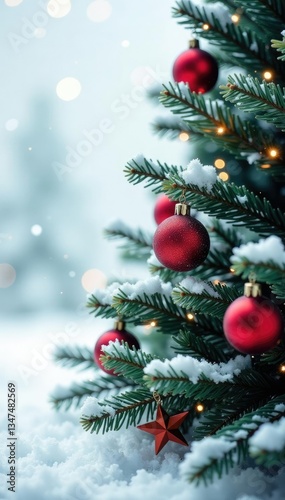 Evergreen Christmas tree against a bright white snowy background with hanging red balls and star-shaped decorations, festive, snow, icy