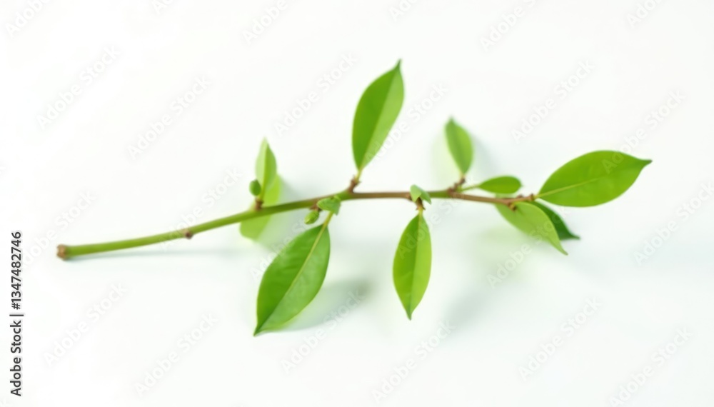 Fototapeta premium Single branch with delicate leaves isolated on white background, simple, nature