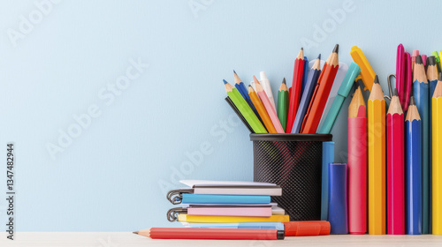 Colorful office supplies including pencils, pens, and notebooks arranged neatly on desk, creating vibrant and organized workspace