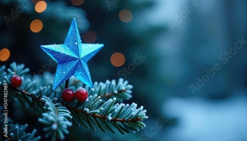 Sparkling blue star on top of a frosted green tree, mistletoe, red berries