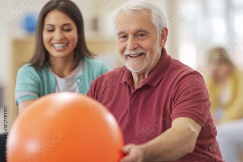 Obraz na płótnie Physiotherapist assists elderly man with therapeutic movements. w salonie