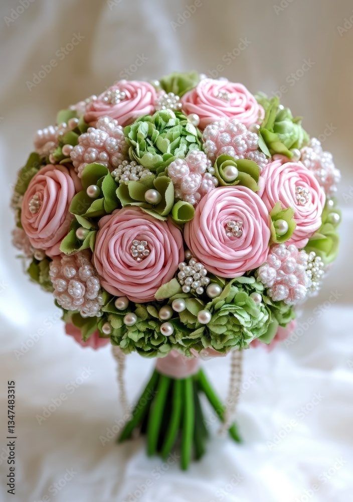 Obraz premium Elegant Wedding Bouquet with Pink Roses and Green Hydrangeas Decoration