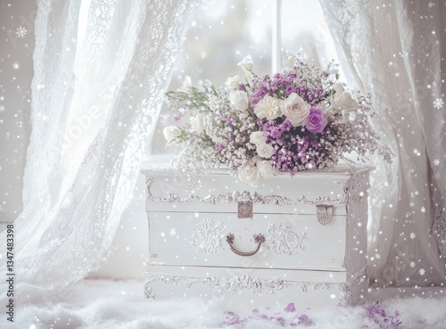 Floral Bouquet on Vintage Trunk with Snowy Background for Winter Season