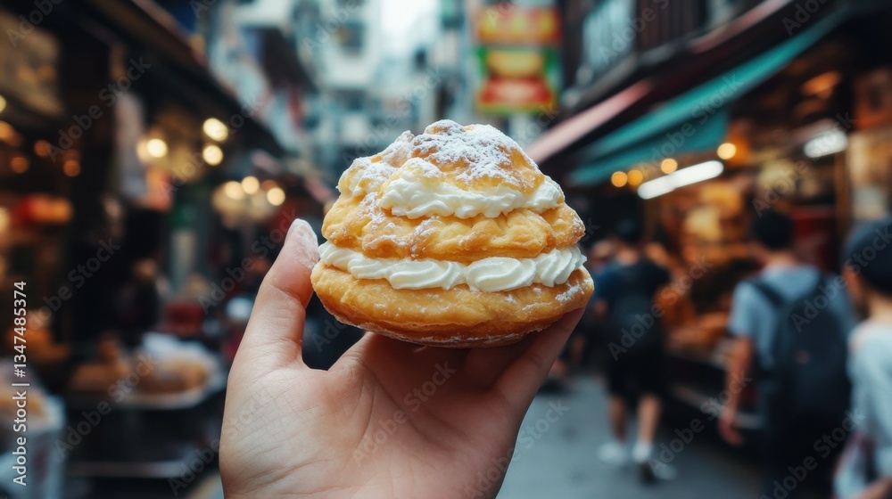 Fototapeta premium Cream puff cake on travel woman hand in Jiufen old street market
