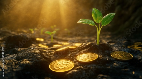 Plant Growing From Gold Coins