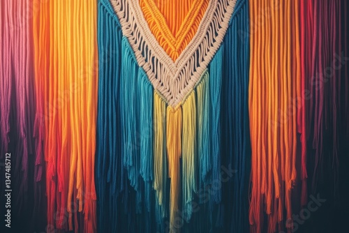 Obraz na płótnie Colorful textile art display featuring vibrant fringe patterns in a well-lit studio environment w salonie