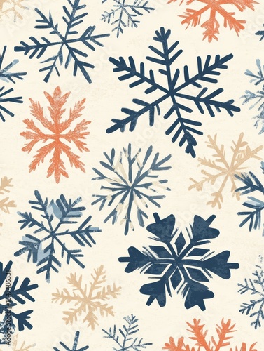 Winter Snowflake Pattern - A charming pattern featuring various blue, orange, and beige snowflakes on a cream background. Perfect for winter-themed projects