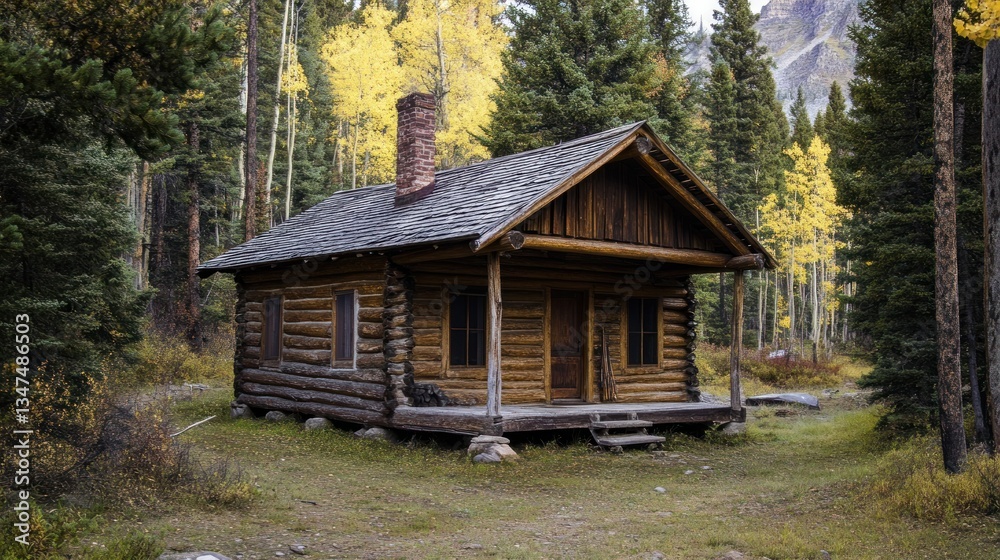 Secluded log cabin nestled deep within a vibrant autumn forest landscape Secluded log cabin nestled deep within a vibrant autumn forest landscape