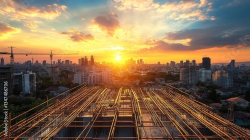 construction site and sunset , structural steel beam build large residential buildings