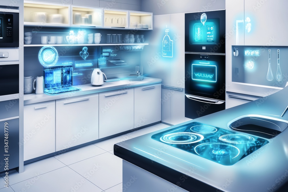Kitchen with smart appliances with display, smart home and artificial intelligence concept Kitchen with smart appliances with display, smart home and artificial intelligence concept