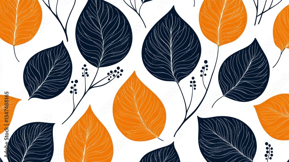 Obraz premium Elegant Autumn Leaves Seamless Pattern: Dark Blue and Orange Foliage Design