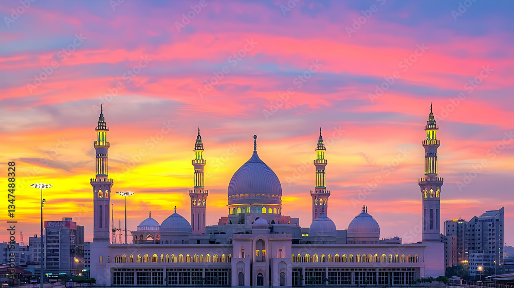 Fototapeta premium Majestic Mosque Silhouetted Against A Vibrant Sunset Sky With Architectural Towers And Glowing Dome