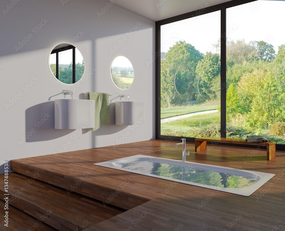 Fototapeta premium Large luxury modern bright interiors Living room mockup illustration 3D rendering image