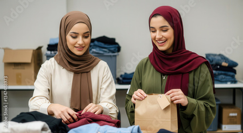 Two women in hijabs organizing clothes for a charity event in a bright room