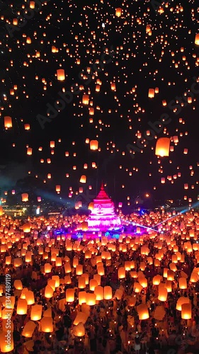 4K, Floating lantern YeePeng Firework Festival or Yi Peng Lantern in Chiangmai, Chiang Mai festival and Loy Kratong Festival in Thailand
