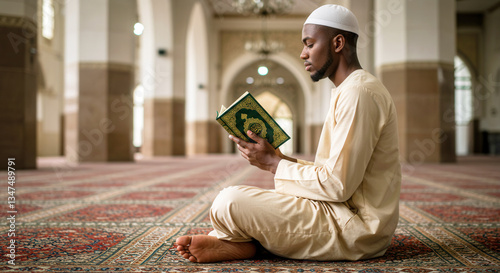 A person in a white outfit reading the Quran in a mosque with red carpet and arched windows