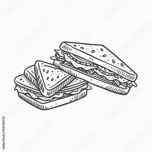 Detailed drawing of a fresh healthy sandwich with lettuce tomato and red onion .Vector Sandwich with Toothpick Sketch , Outline Black Drawing Isolated on White Background.