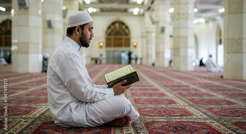 A man in a white shirt sitting on a red carpet in a mosque reading the Quran thoughtfully