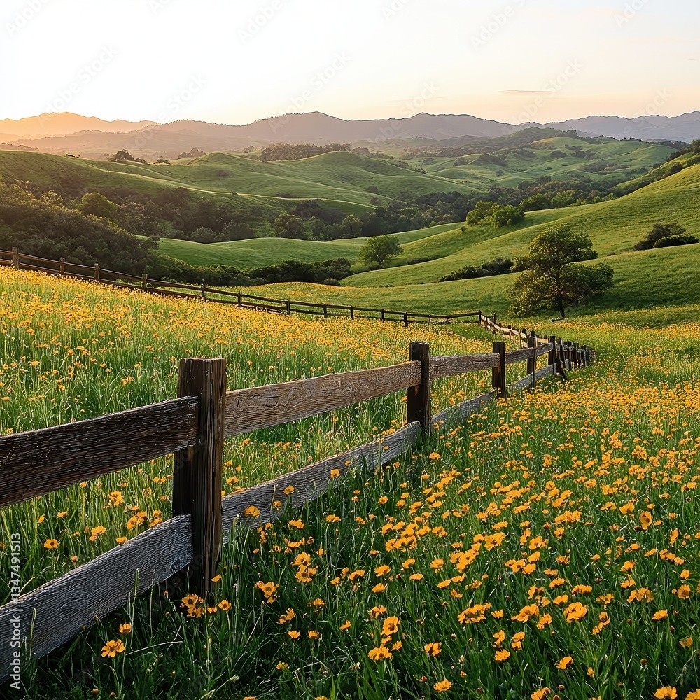 Fototapeta premium Rolling green hills with yellow wildflowers, rustic wooden fence under sunset sky, peaceful countryside spring meadow stretching to horizon. 