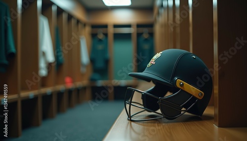 Dark green cricket helmet with yellow details on wooden bench inside a locker room. International cricket tournaments, games. Cricket championship, hobby sports, recreation