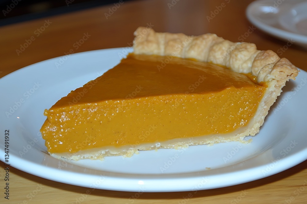 Slice of pumpkin pie on plate, dessert, indoor, food Slice of pumpkin pie on plate, dessert, indoor, food