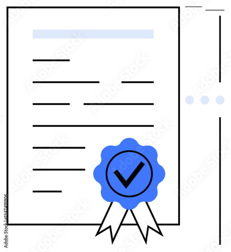 Document featuring bold lines, blue ribbon with checkmark. Ideal for certification, authorization, guarantee, achievement, quality assurance, success compliance. Flat simple metaphor