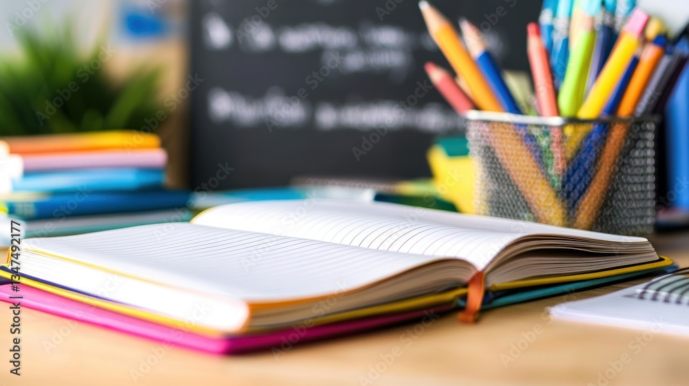 Open Notebook on Desk with School Supplies Open Notebook on Desk with School Supplies