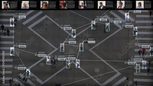 Surveillance interface using artificial intelligence and facial recognition systems to categorize individual data. Crosswalk full of people. Commuters image and personal info. Fake and blurred data.