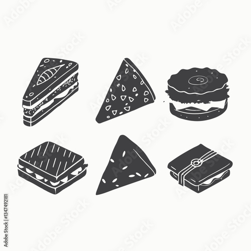 Black silhouette american food sandwich. Submarine, ciabatta, triangle and rectangular sandwiches with lettuce leaves,cheese, bacon, ham and veggies. Vector illustration.