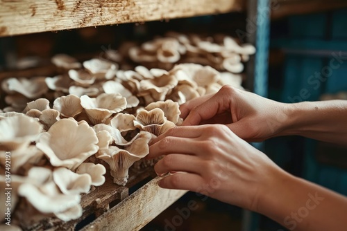 A person's hands gently inspect a harvest of oyster mushrooms grown on wooden shelves.