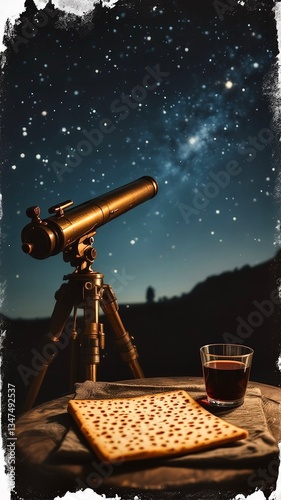 The antique brass telescope points towards the Milky Way over a table set with matzah and wine, celebrating Passover under a starry night sky