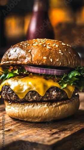 Mouthwatering cheeseburger with fresh ingredients served indoors at a cozy restaurant during lunchtime