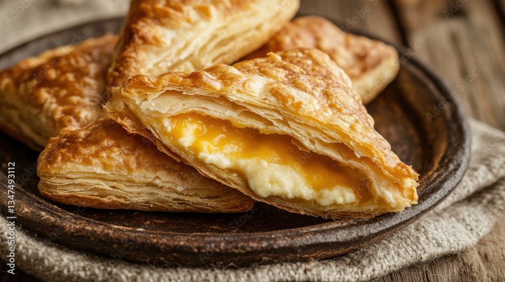 A rustic presentation of triangular cheese-stuffed pastries, placed on a handcrafted ceramic plate, resting on a textured linen cloth A rustic presentation of triangular cheese-stuffed pastries, placed on a handcrafted ceramic plate, resting on a textured linen cloth