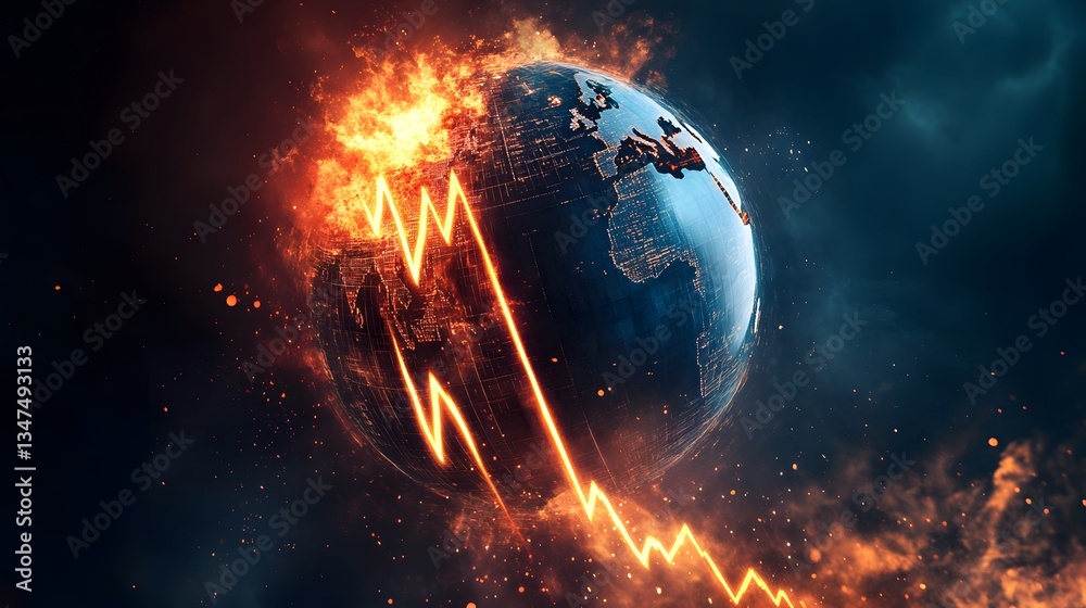 Obraz premium the Earth engulfed in flames with a downward-sloping graph, symbolizing the concept of global warming and economic downturn