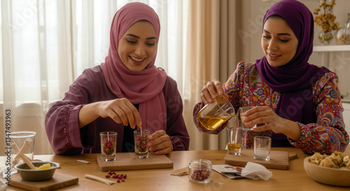 Ramadan candle making by Moslem women in pink and purple hijabs