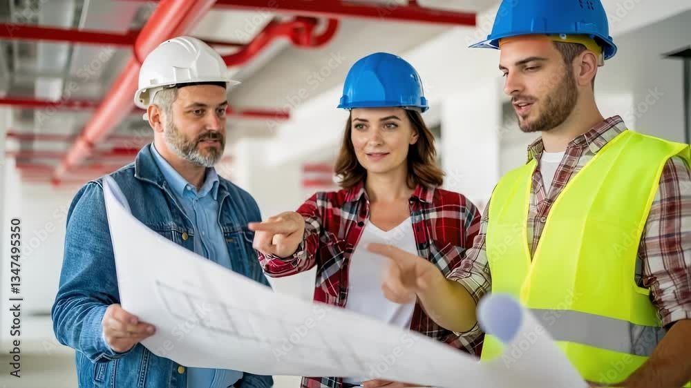 Professional architects and engineers collaborating in unfinished building, reviewing blueprints, analyzing construction plans, and making strategic project development decisions with expertise