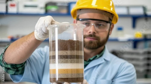 Professional geologist examining stratified soil sample in clear beaker, wearing yellow hardhat and protective safety glasses during detailed scientific investigation inside research laboratory