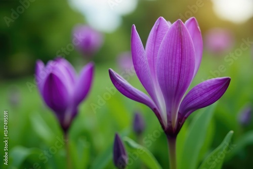 Colorful purple flower with delicate bud shell unfolding, nature, greenery, blossoms