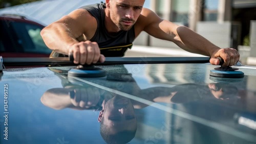 Professional automotive technician carefully repairing hail damage on vehicle roof using specialized paintless dent removal techniques with precision and concentrated expertise